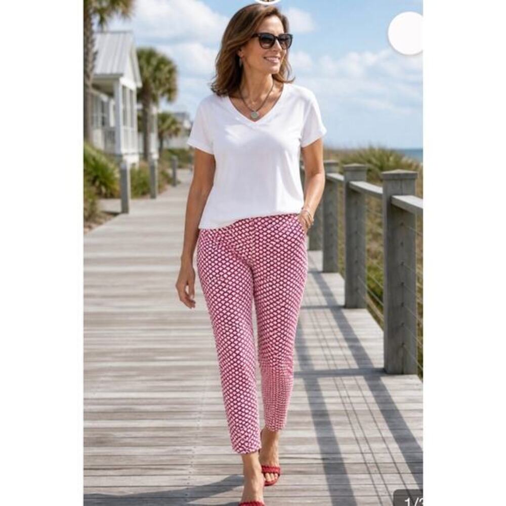 Talbots New Heritage Pink White Geometric Side Zip Cigarette Style Crop Pants 10